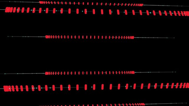  A perspective view of multiple horizontal axes populated by dense, red rectangular nodes. Cyan connectors bridge the gaps, creating a high-tech, data-driven visualization that feels like traveling th