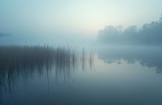 Reeds grow in calm lake water under thick fog. Misty blue sky meets water creating tranquil atmosphere. Distant trees silhouette on foggy horizon.