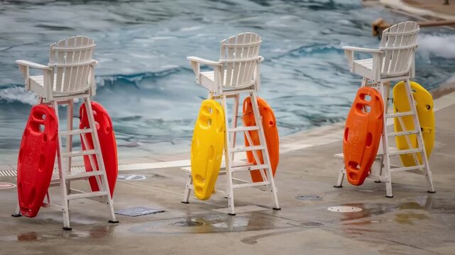 Overhead medium frame emphasizing lifeguard chairs and bright floats in clear focus while the wave pools rippling water fades out of focus on a cloudy day.