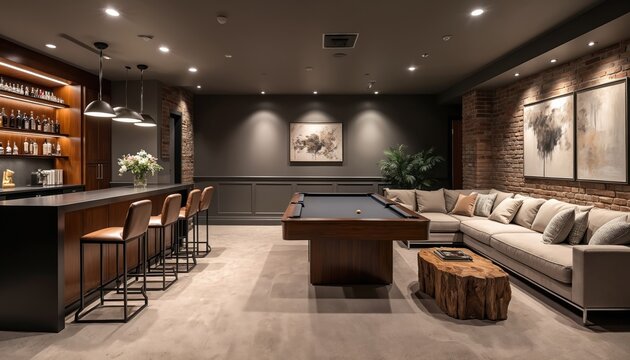 Stylish basement rec room features wet bar, pool table, and plush sectional sofa. Modern interior design offers entertainment space with brick accent walls, artwork, and ambient lighting for leisure.