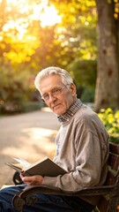 Obraz premium Elderly man reading a book on a park bench during a sunny autumn day.