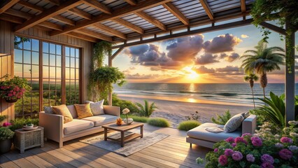 Fototapeta premium A serene beachside villa with expansive windows and a charming porch faces the golden sunsets The villas white walls blend harmoniously with the san