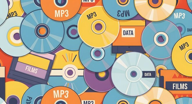 Seamless Retro Pattern of Various Colorful CDs, DVDs, and Old Data Storage Discs