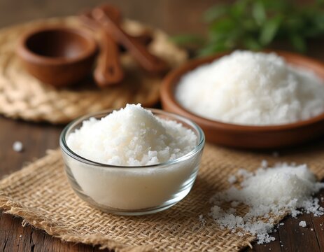 White granular isomalt sugar substitute in glass bowl. Another bowl with sweetener, wooden spoons, burlap cloth on rustic table. Healthy ingredient for baking.