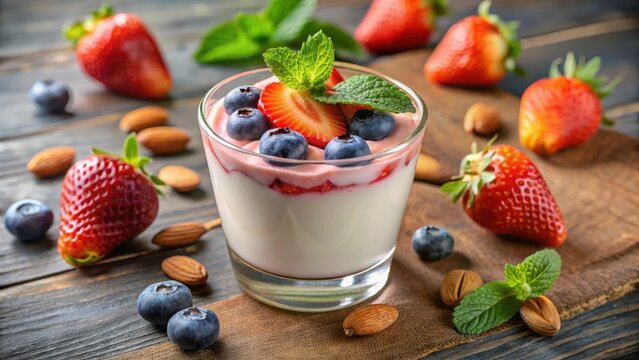 A photo of natural strawberry yogurt with fresh berries and almonds in a chilled glass Fresh strawberries, plump blueberries, and crunchy almonds sca