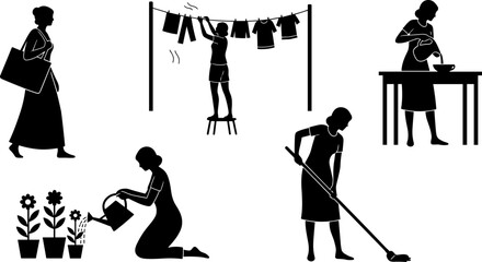 Housewife silhouettes collection featuring daily household chores cleaning gardening cooking laundry isolated woman vector illustration black shape set