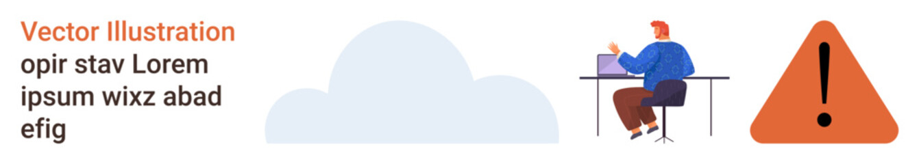Productivity, cloud technology, data security, digital workplaces, warnings, online risks. A man at a desk working on a laptop next to a cloud and warning icon. Productivity and cloud technology