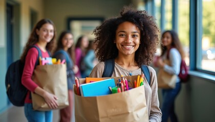 Naklejka premium Smiling girl with curly hair holds bag full of school supplies. Friends with backpacks walk in school hallway behind her. Students ready for new school year, learning and education concept.