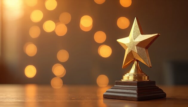 Golden star trophy sits on wooden surface. Blurred warm bokeh lights in background create festive atmosphere. Symbolizes achievement, success, and recognition for excellent work.