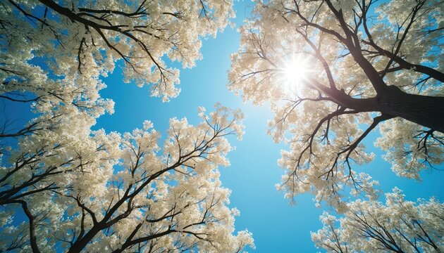 View from below shows white Ipe tree canopy with bright sun shining through branches. Blue sky forms background as trees frame the sky, showing nature beauty.