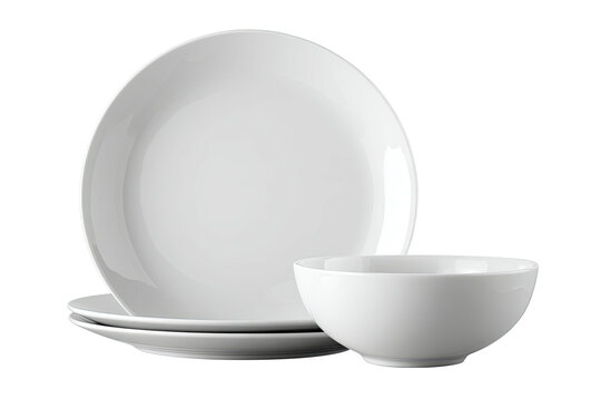 Simple white ceramic dinnerware set, including plates and a bowl, on a transparent background