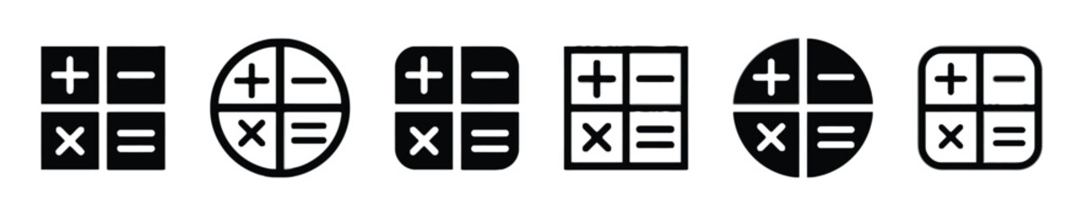 Obraz premium Collection of calculator icons with plus minus multiply divide and equals signs