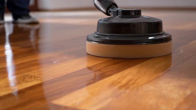 Closeup medium shot of a person polishing a hardwood floor with an electric buffer highlighting the natural wood grain and smooth finish.