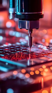 Close-up of industrial robotic arm dispensing liquid onto microarray plate
