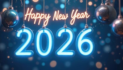 Fototapeta premium Neon numbers 2026 glow brightly with festive baubles and bokeh lights. Happy New Year text shines above, celebrating end of year and start of new beginnings.