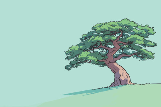 A tree grows on a grassy hill with a simple color background and clear sky. The tree has a strong trunk and many branches.