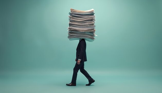 Man in suit walks carrying huge paper stack balanced on head. Symbolizes heavy workload, admin burden, or stress in office. Represents overload of tasks.