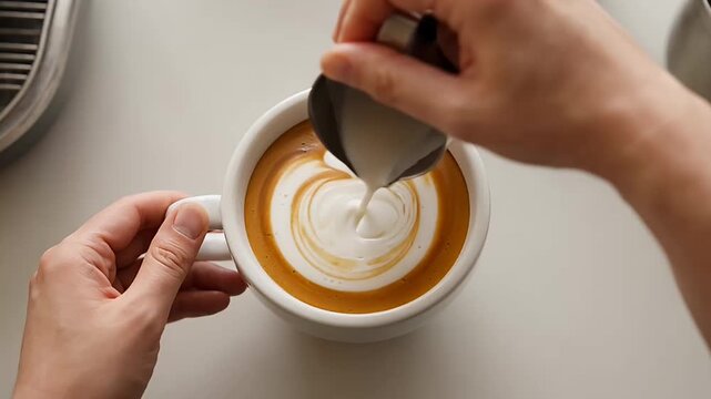 Pouring steamed milk in a coffee drink making latte art patterns