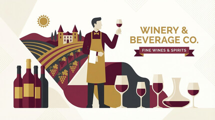 Fototapeta premium Flat design illustration of a wine and beverage business concept with sommelier bottles vineyard and glasses, elegant burgundy and gold, perfect for winery website or wine shop