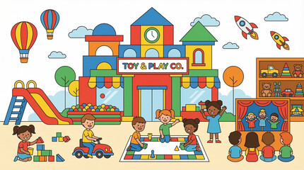 Obraz premium Flat design illustration of a toy store and children entertainment concept with toys games happy kids, bright multicolor, ideal for toy brand website or children store