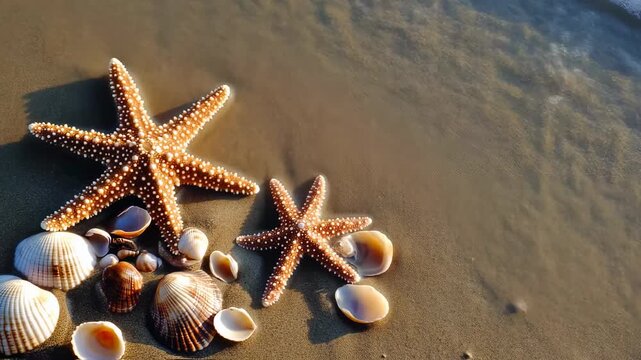 Coastal Symphony: A Serene Beachscape Featuring Starfish and Shells on the Sand
