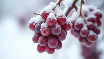 Naklejka premium Red grapes covered in frost and snow hang from a vine. Cold winter weather freezes fruit on the branch. Nature shows beauty in freezing conditions.