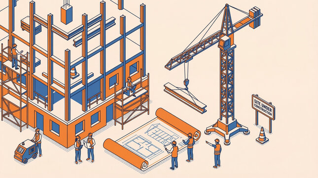 Isometric illustration of a construction site with workers crane blueprint and building, orange and blue, ideal for construction company website or real estate developer