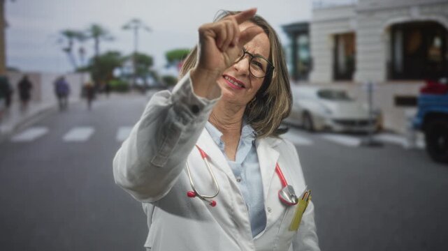 Hispanic woman doctor pinches tiny object between fingers on street, wearing white coat and stethoscope while smiling and reaching out; compassion care.