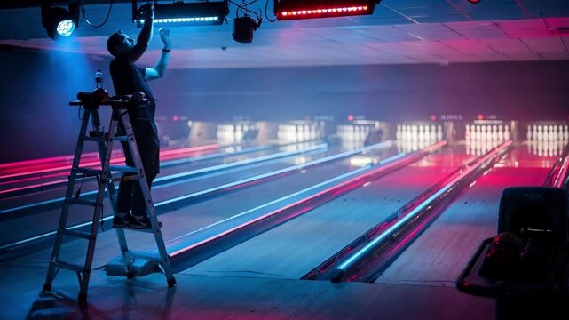Technician adjusting vibrant UV light fixtures over bowling lanes glowing pins softly blurred in background for a cosmic nighttime vibe.