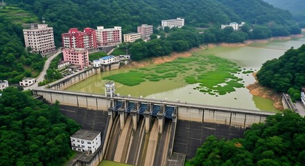 Fototapeta premium Aerial view of a dam with a city and lush greenery in the background buildings river 1