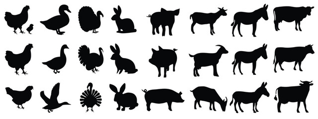 farm animal silhouettes collection on white background