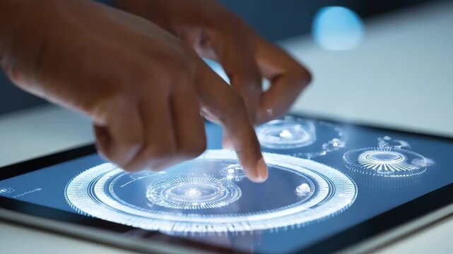 Hands interacting with touch screen displaying IoT device network showcasing programming of smart sensors for automated systems.