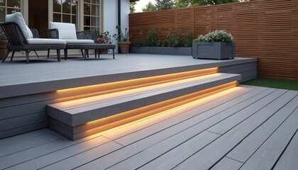 Modern grey composite deck features multilevel stpic with integrated warm lighting. Outdoor seating area with furniture and planters. Wooden privacy fence borders manicured lawn.