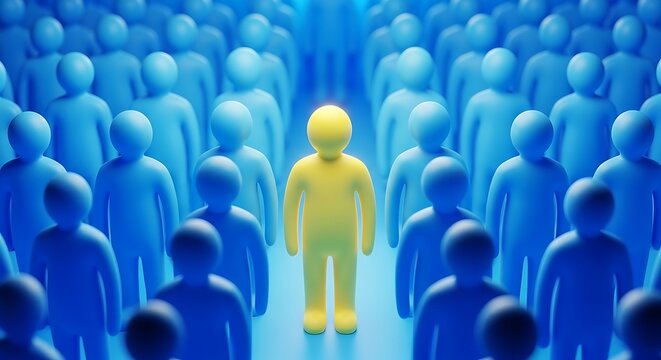 A single yellow figure stands out confidently amidst a crowd of blue figures, symbolizing individuality
