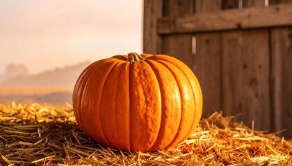 Vibrant orange pumpkin resting on a bed of hay bales with a rustic wooden barn in the background at sunset.
