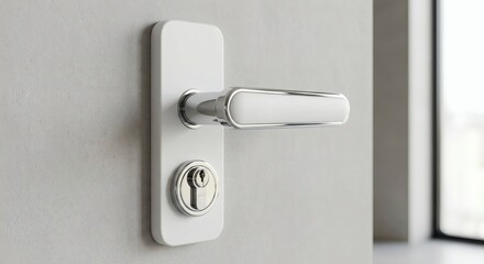 Modern chrome and white door handle with lock on a light gray door.