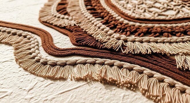 Close-up of Macrame Craft with Fringes and Knots Keywords: macrame, craft, handmade, fringe