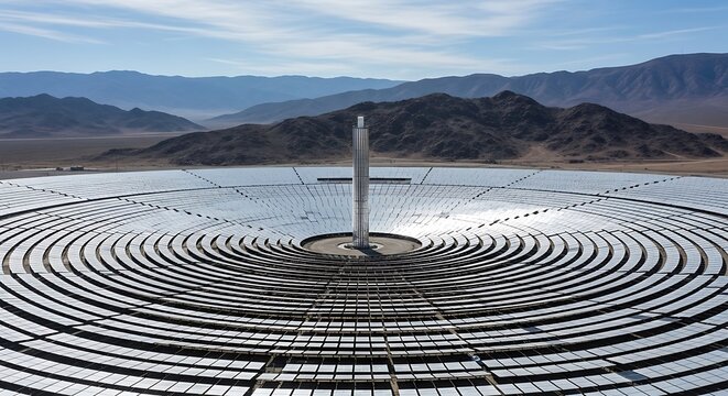 Concentrated solar power plant with parabolic troughs in desert landscape renewable energy