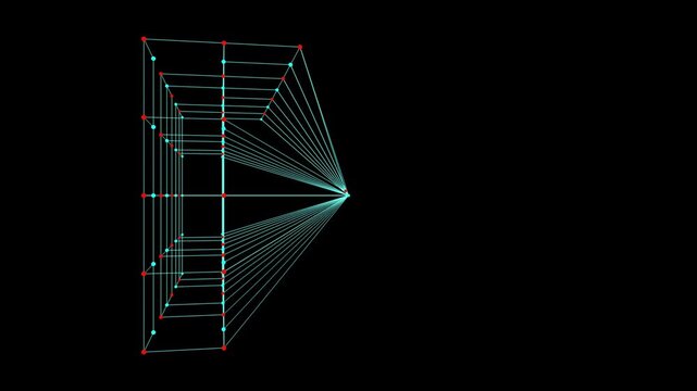  A 3D wireframe structure resembling a complex building or data center, with cyan lines and red/blue nodes rotating to show depth and internal connectivity.