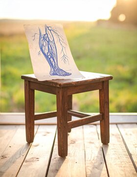 Anatomical drawing of human leg veins on a wooden stool in natural light.