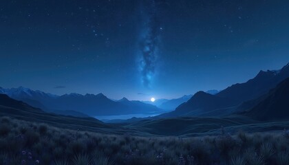 Fototapeta premium Starry night over mountains and calm lake. Milky Way glows above peaks. Full moon illuminates vast landscape. Dark blue sky with many stars.