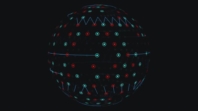  A rotating spherical object covered in a complex pattern of circuit-like traces, zig-zag lines, and glowing red and blue circular nodes, resembling a high-tech disco ball.