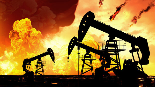 Oil pump jacks silhouettes against massive explosion and fire at oil field from missiles during the war with Iran dramatic 3D render concept
