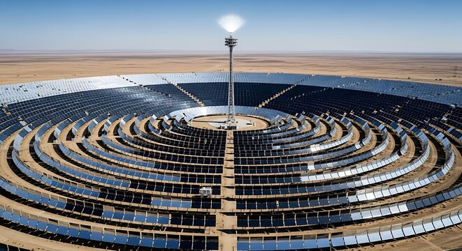 Large circular solar power plant with concentric rows of mirrors reflecting sunlight to a central tower