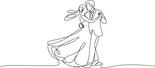 Line art drawing wedding couple married man and woman dancing on the floor at party park. Romantic young man and woman holding hands and spinning around. one line Icon drawing