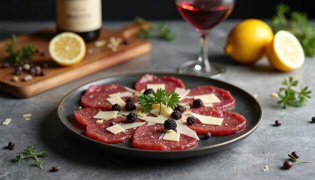 Thinly sliced raw venison carpaccio served with parmesan shavings and fresh berries. A glass of red wine and lemon wedges complete this elegant appetizer.