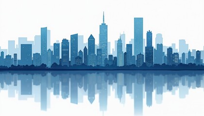 Fototapeta premium Blue cityscape skyline with skyscrapers and reflection in water. Modern urban architecture with buildings and towers. City panorama with blue shades. Graphic illustration.