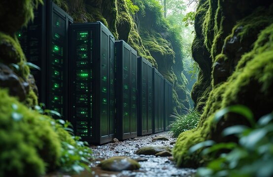 Server racks with green lights stand in mossy forest ravine. Nature and tech blend seamlessly in this remote data center location. Lush green moss covers rocks and trees. Data processing in wild.