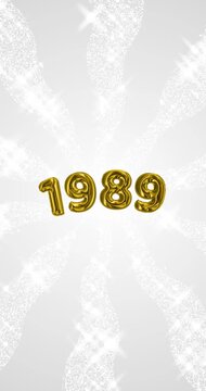 1989 number - 3D Golden foil balloon floating on spiral gray glitter background