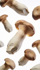 King oyster mushrooms in motion, isolated on a clean white background, studio lighting